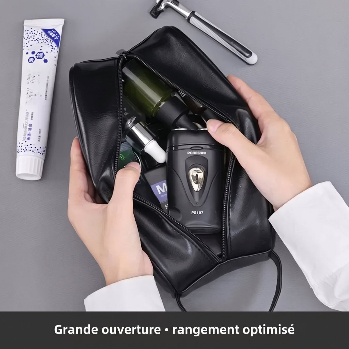 Trousse de toilette homme aspect cuir – grande ouverture
