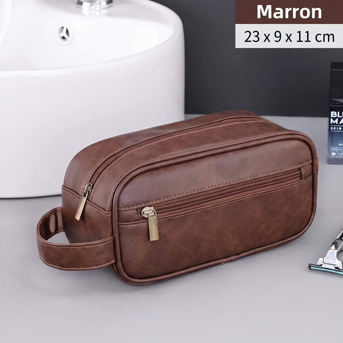 Trousse de toilette homme aspect cuir – coloris Marron