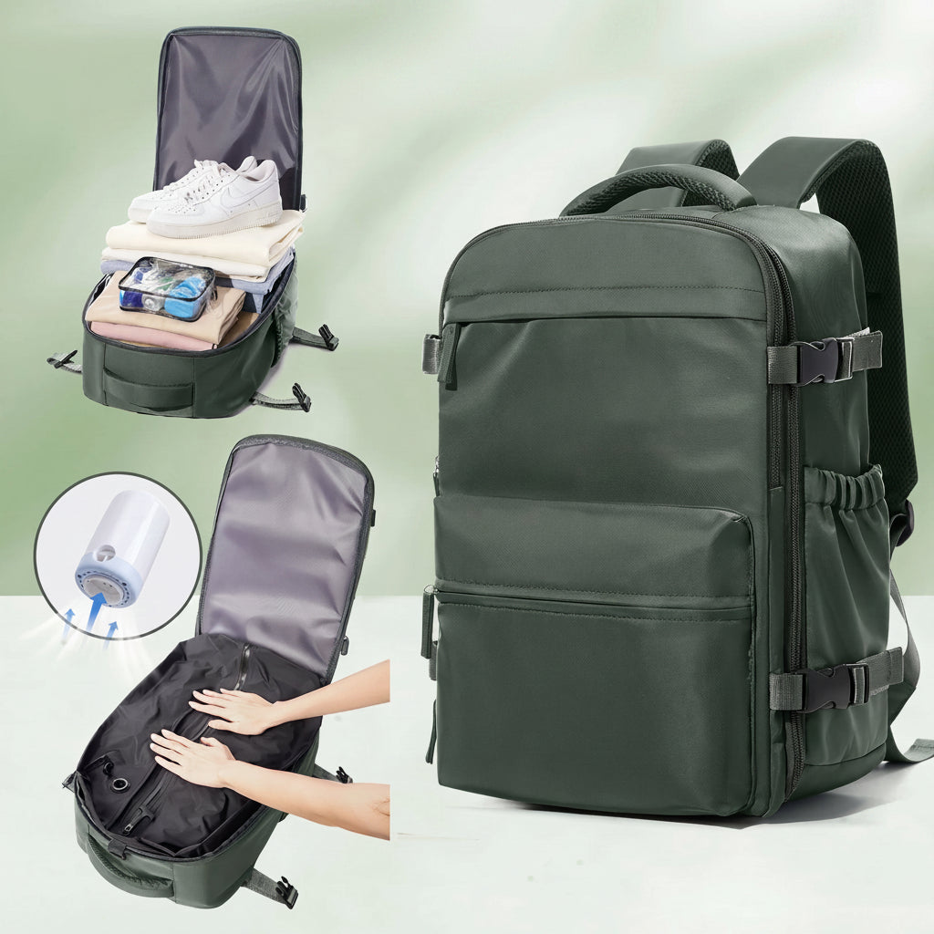 Sac à dos compression vert : rangement et compression à la pompe