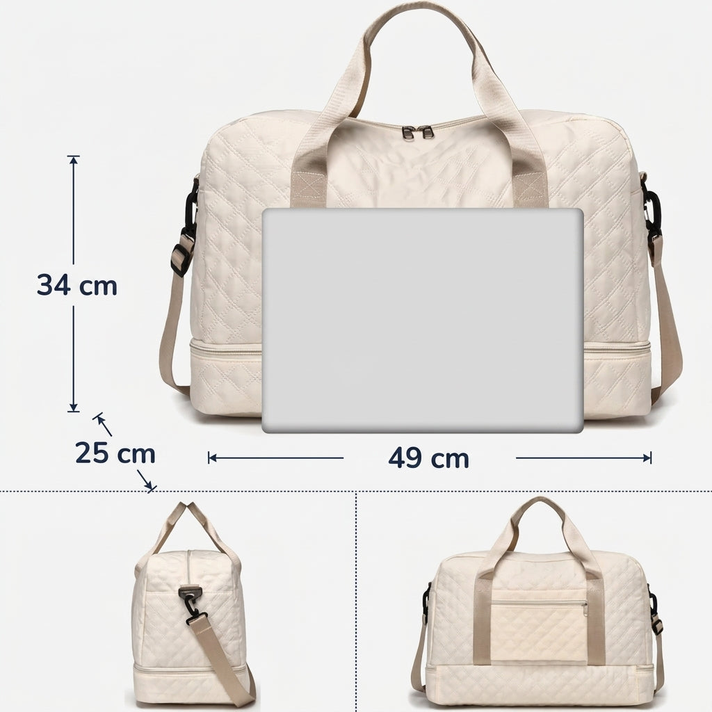 Dimensions du grand sac week-end matelassé : 49 cm de long, 34 cm de haut, 25 cm de profondeur